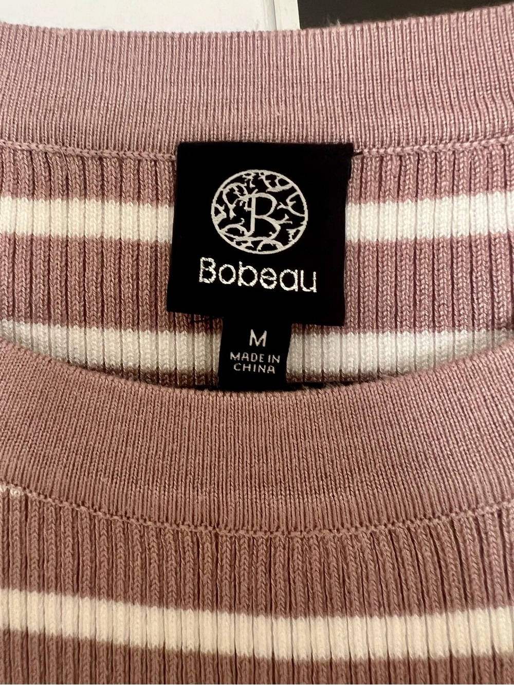 bobeau Rose Taupe and White Striped Ribbed Crew Sweater